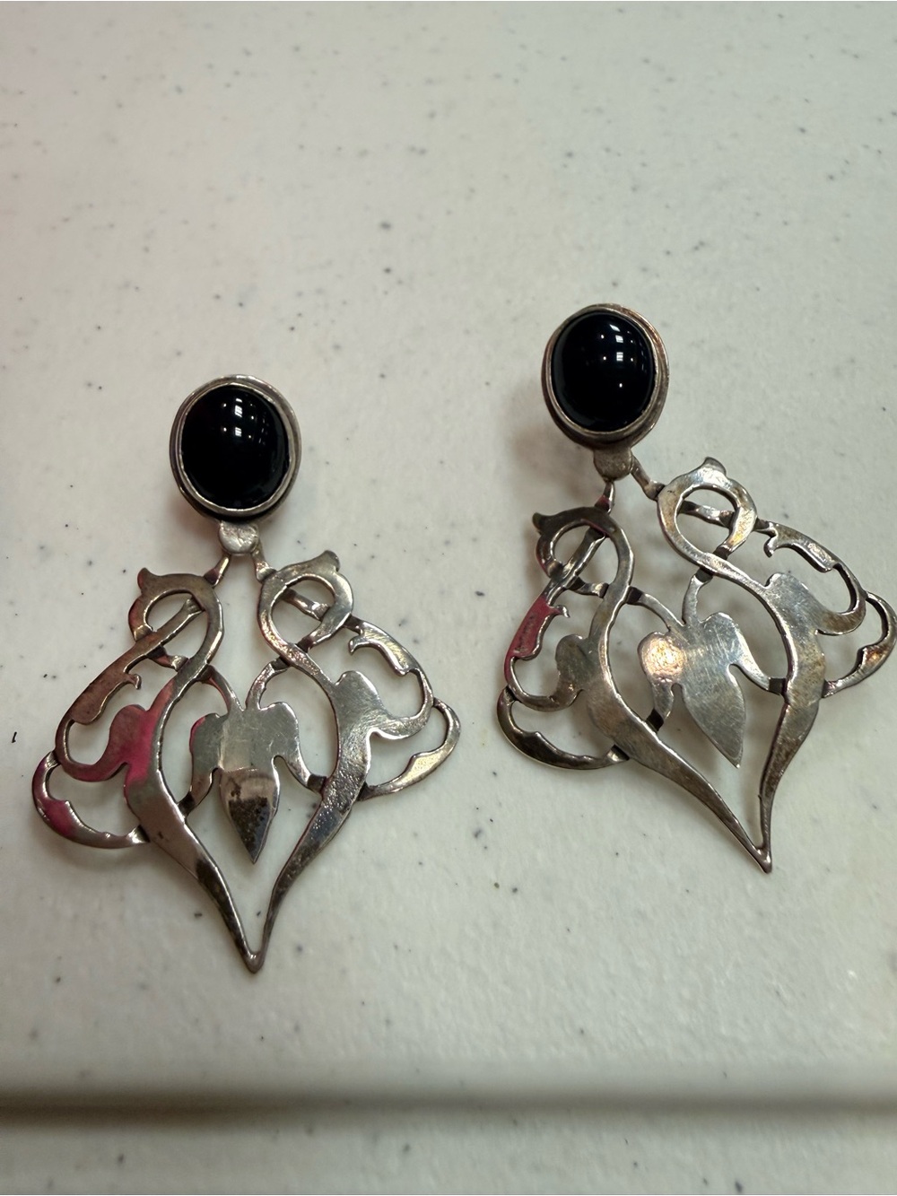 Black Onyx Silver Filigree Drop Earrings - Santa Fe stamped LL